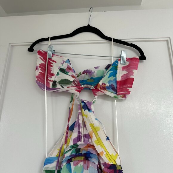 PatBO Bloom Cutout Flare Maxi Dress Halter Neck Back Tie Multicolor Print Size 6 - Picture 3 of 15